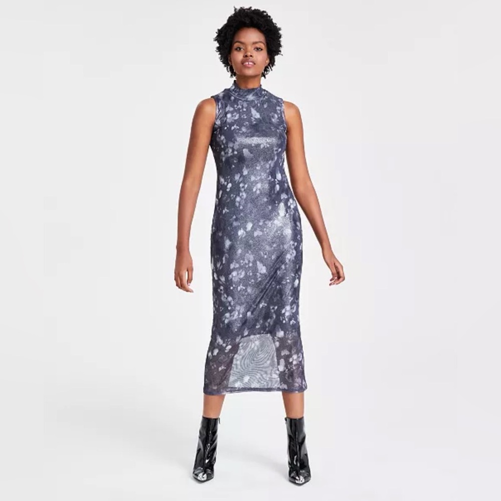 BAR III New Women's Foil Mesh Mock Neck Sleeveless Midi Dress